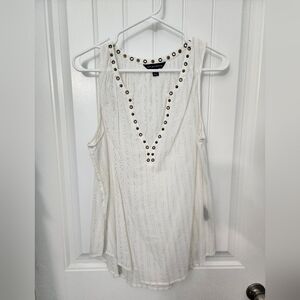 Rock & Republic Embellished White Tank with Gold Stripes Top, Size XL